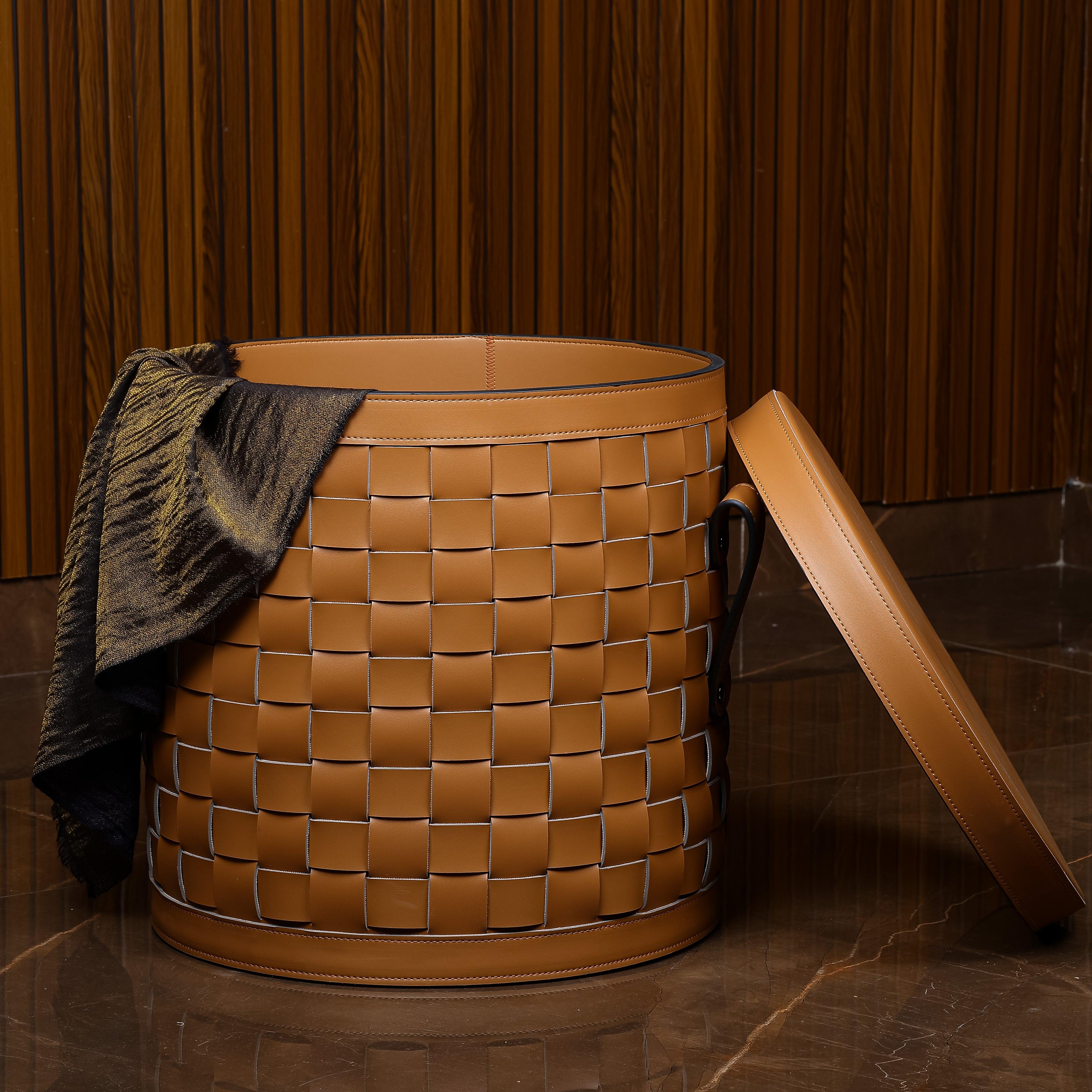 Leather Storage Basket With Lid - Daamaira Home and Living Ltd