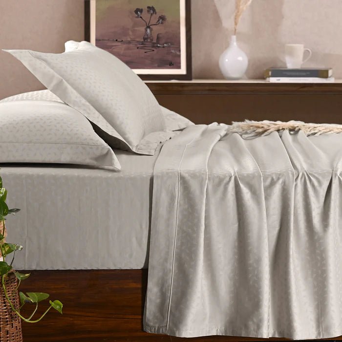 Leaf Self Jacquard 100% Cotton Ultra Soft Bed Sheet with Pillow Case - Beige - Daamaira Home and Living Ltd