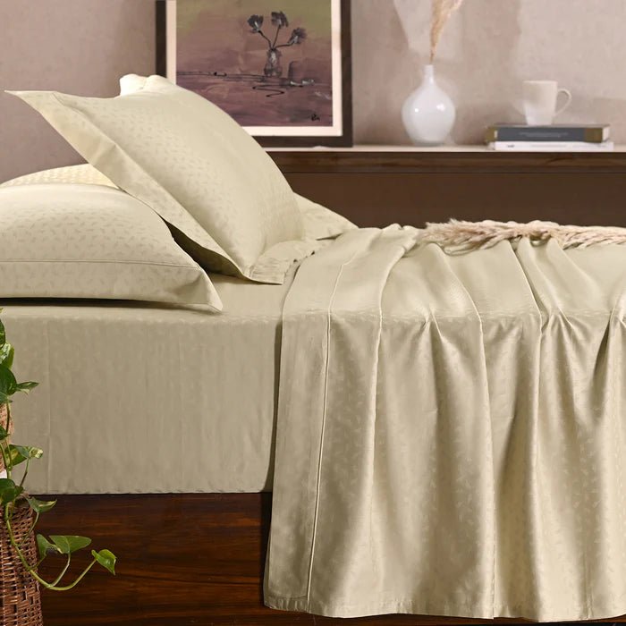 Leaf Self Jacquard 100% Cotton Ultra Soft Bed Sheet with Pillow Case - Golden - Daamaira Home and Living Ltd