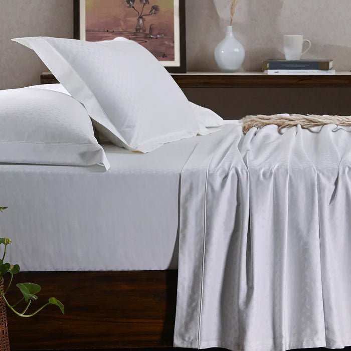 Leaf Self Jacquard 100% Cotton Ultra Soft Bed Sheet with Pillow Case - White - Daamaira Home and Living Ltd