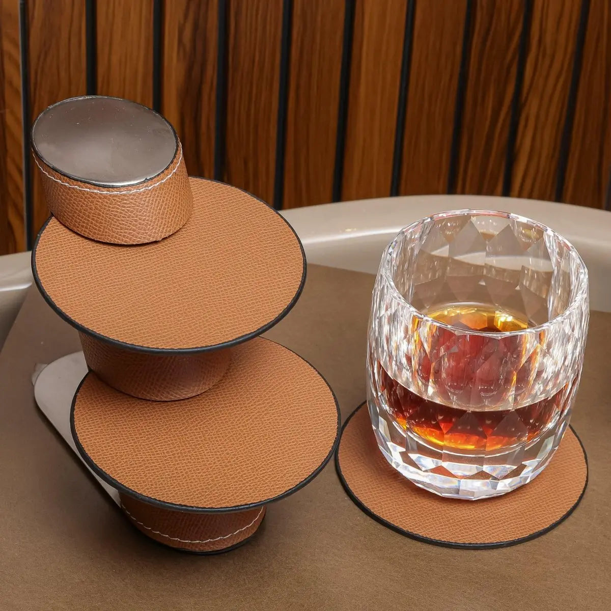 Coasters Leather Coasters With Stand - Brown - Daamaira Home and Living Ltd