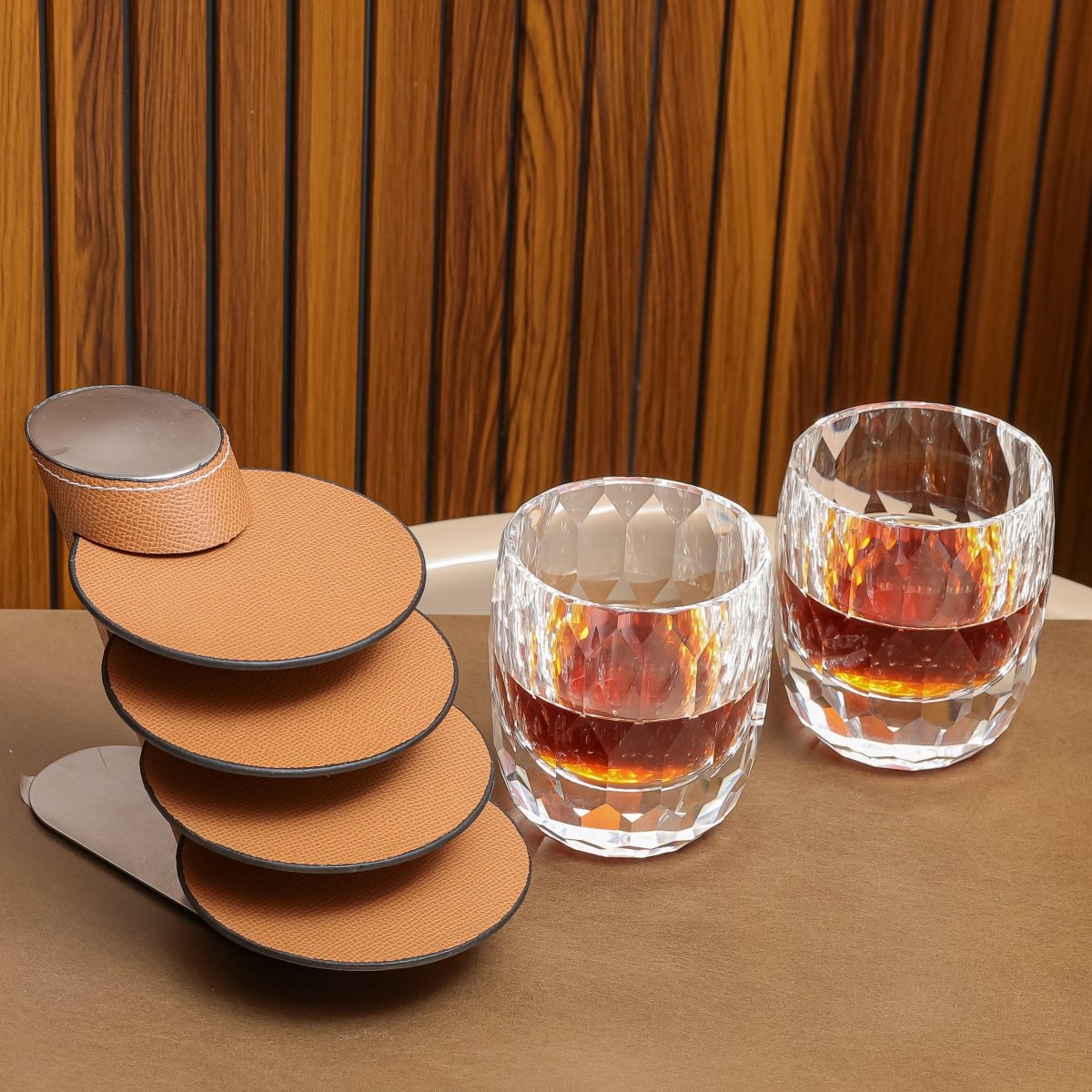Coasters Leather Coasters With Stand - Brown - Daamaira Home and Living Ltd