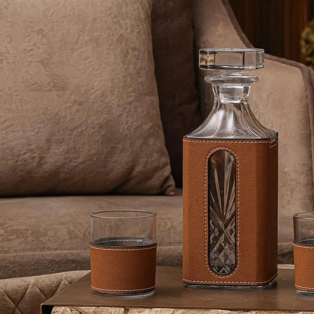 Decanter - Whiskey Leather Decanter Set - Brown - Daamaira Home and Living Ltd