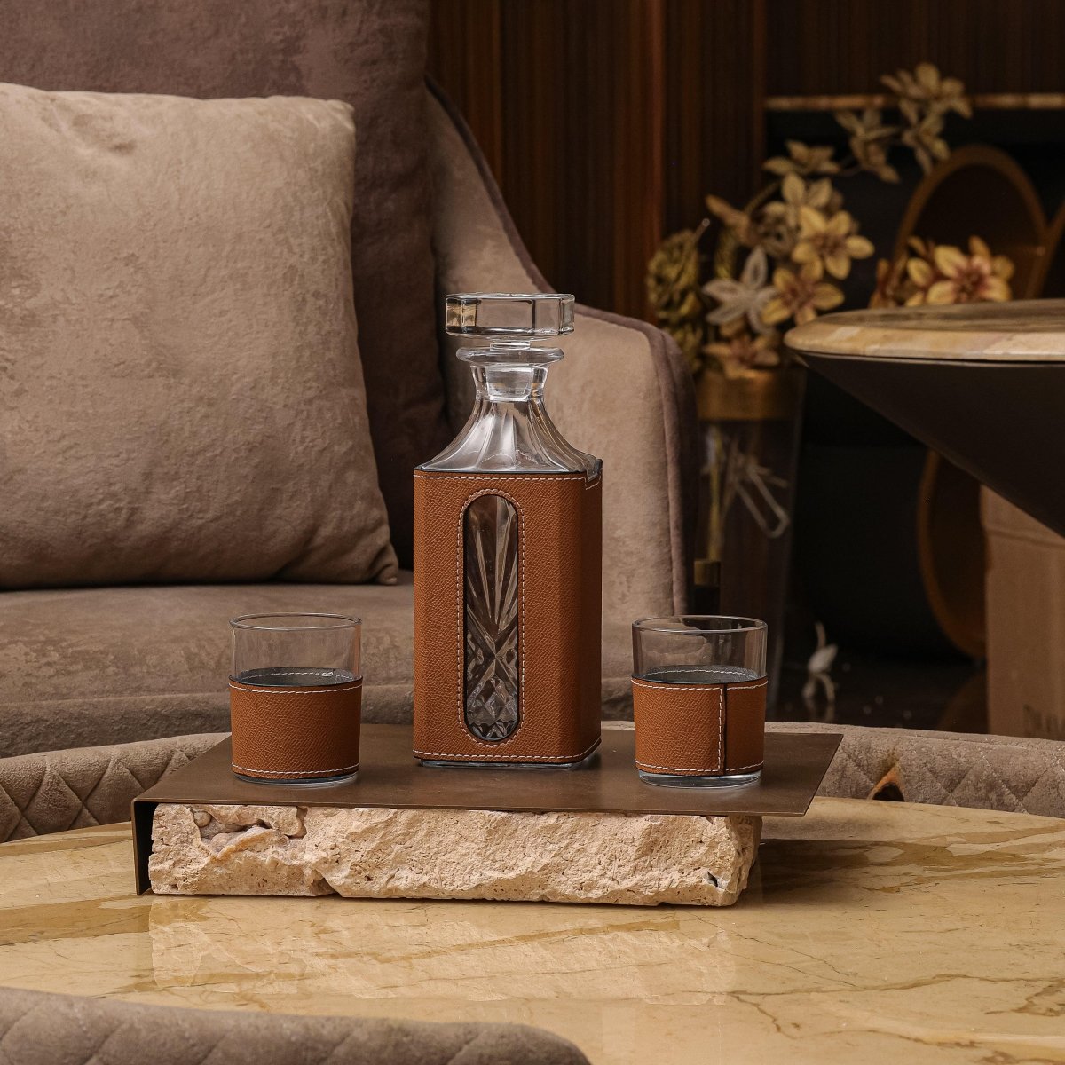 Decanter - Whiskey Leather Decanter Set - Brown - Daamaira Home and Living Ltd