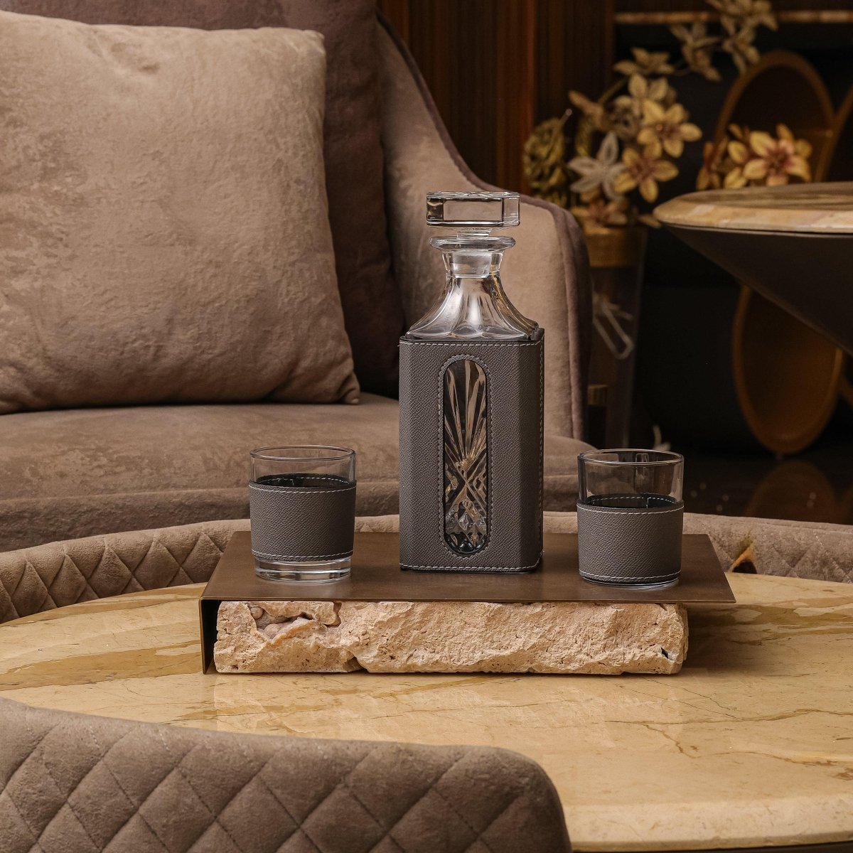 Decanter - Whiskey Leather Decanter Set - Grey - Daamaira Home and Living Ltd