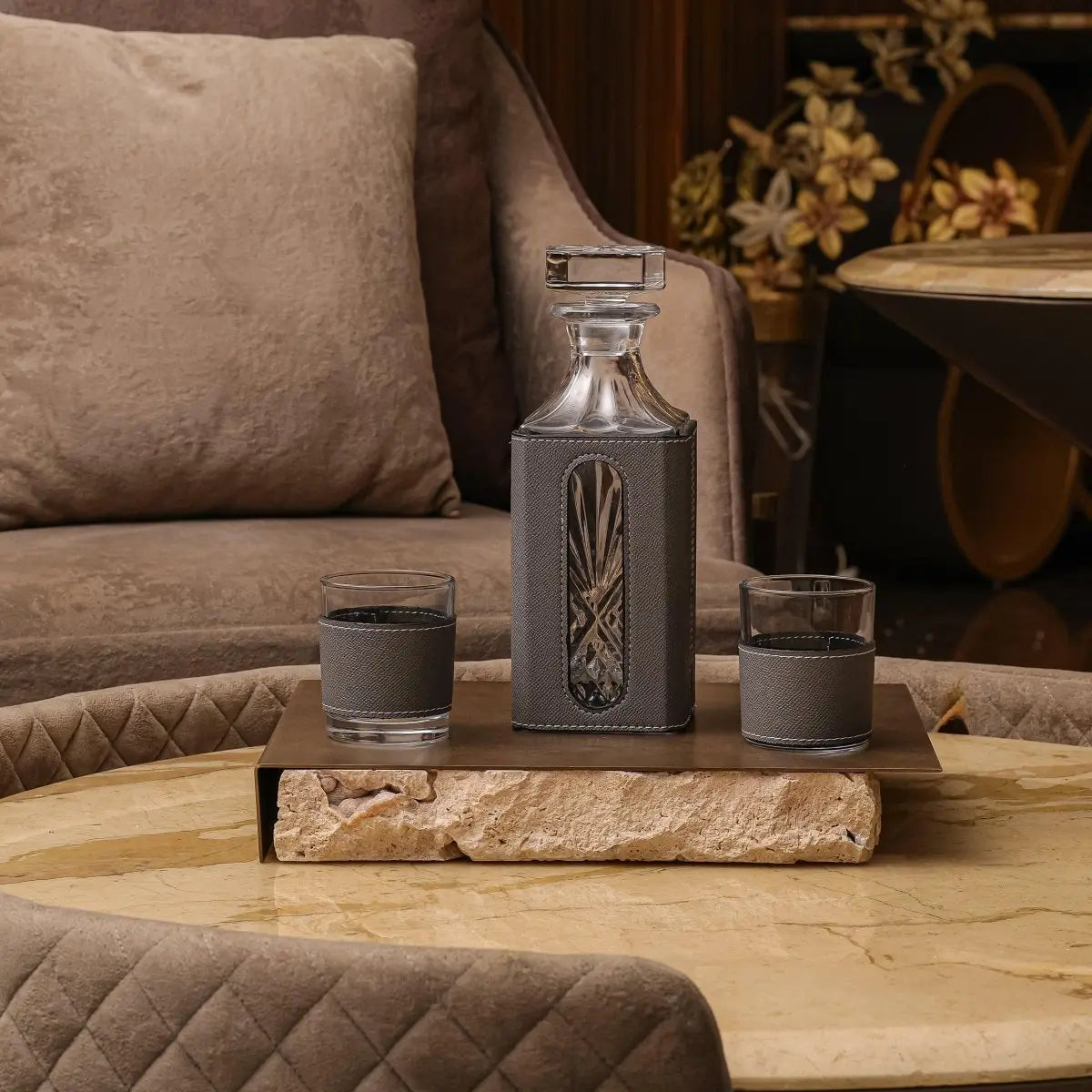 Decanter - Whiskey Leather Decanter Set - Grey - Daamaira Home and Living Ltd