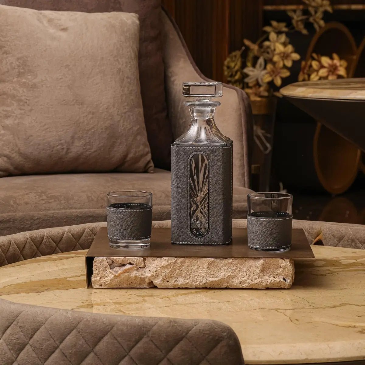 Decanter - Whiskey Leather Decanter Set - Grey - Daamaira Home and Living Ltd