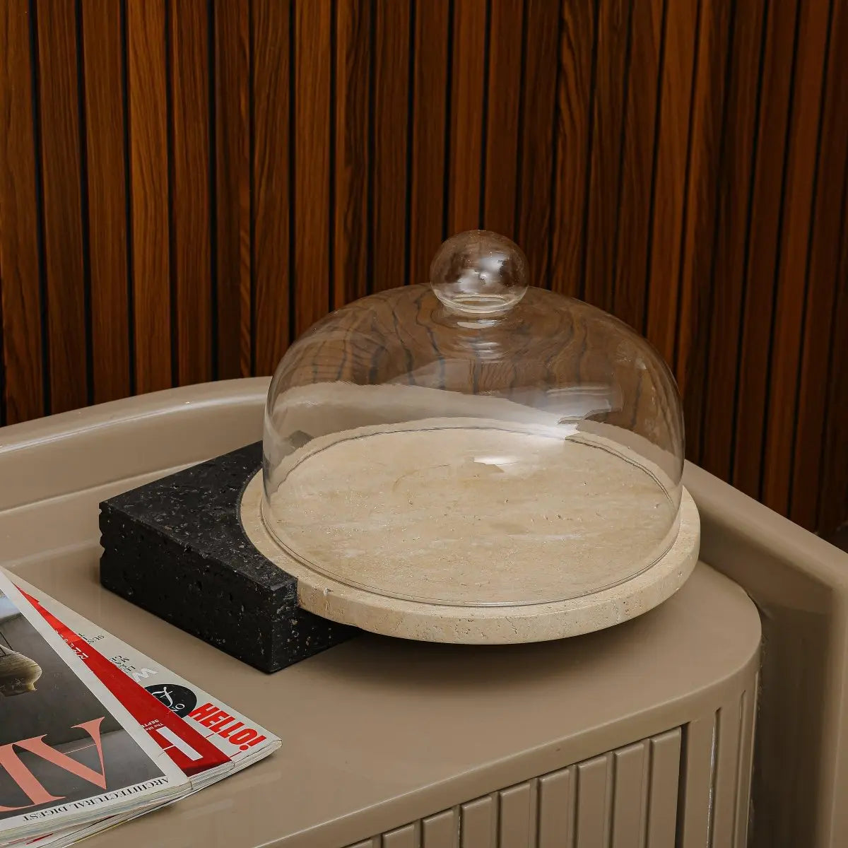 Serving Tray Marble - Cake And Dessert Stand With Lid - Black & Beige Large - Daamaira Home and Living Ltd