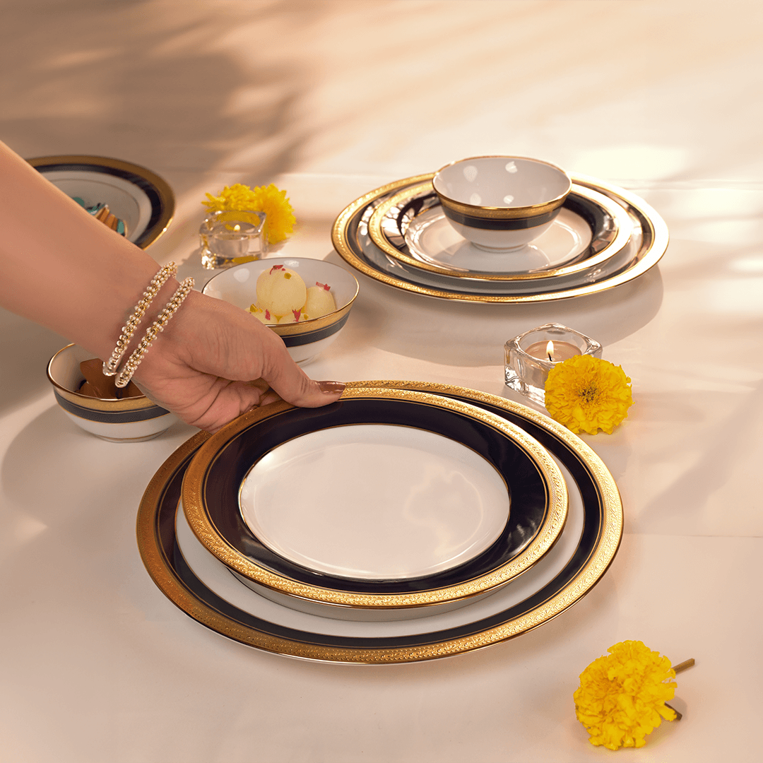 dinner set Noritake CRESTWOOD COBALT GOLD 21PC DINNER SET W/G - Daamaira Home and Living Ltd