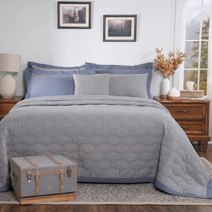 Pin Stripe Classic Blue Quilt Set 8 - Pc 100% Cotton Yarn Dyed Textured - Daamaira Home and Living Ltd