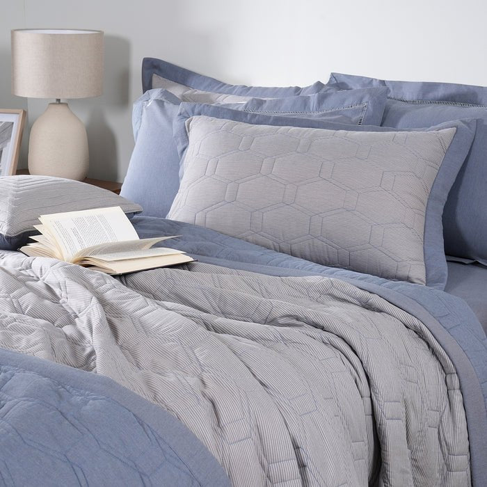 Pin Stripe Classic Blue Quilt Set 8 - Pc 100% Cotton Yarn Dyed Textured - Daamaira Home and Living Ltd