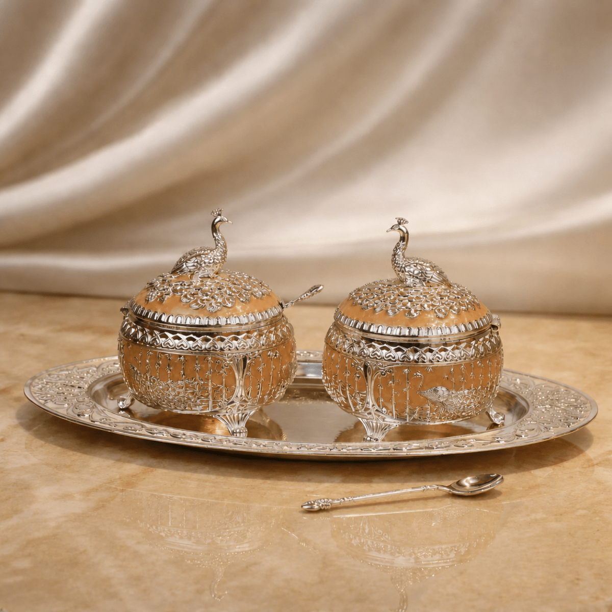 Royal Peacock Dry Fruit Bowl Set with Tray (11 x 12 cm) - Daamaira Home and Living Ltd