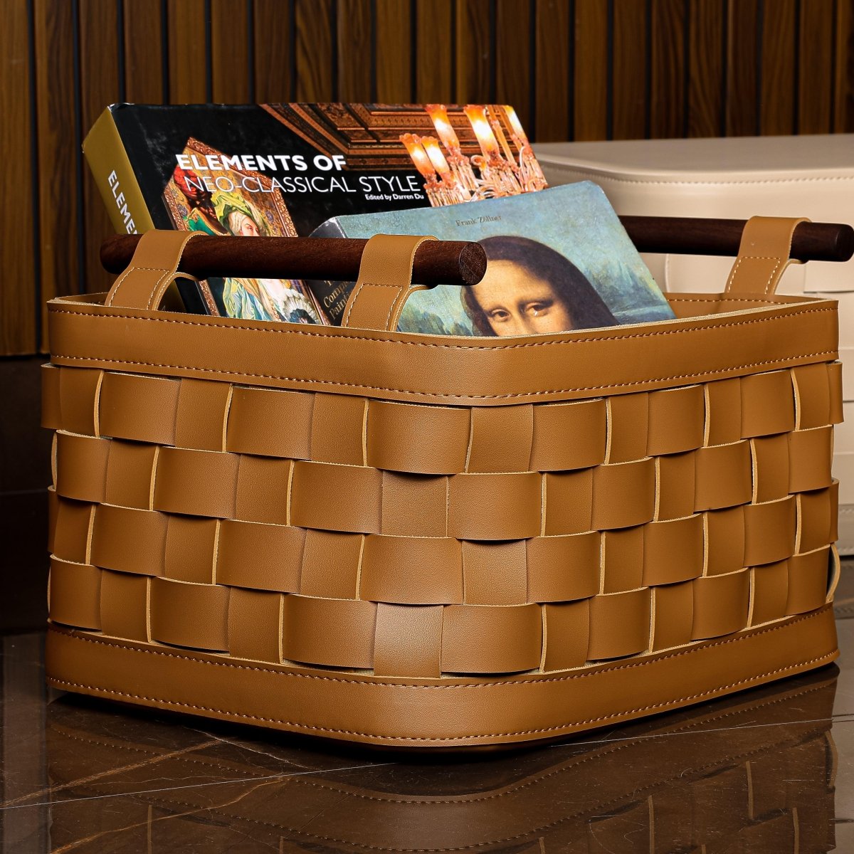 Wicker Storage Box Soiree Leather Basket - Brown Large - Daamaira Home and Living Ltd