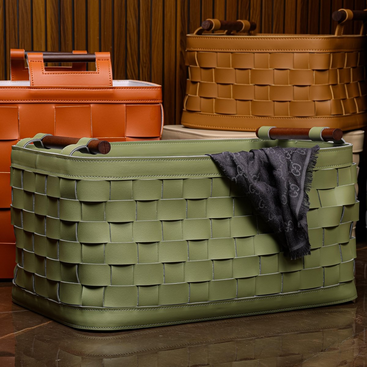 Wicker Storage Box Soiree Leather Basket - Green - Daamaira Home and Living Ltd