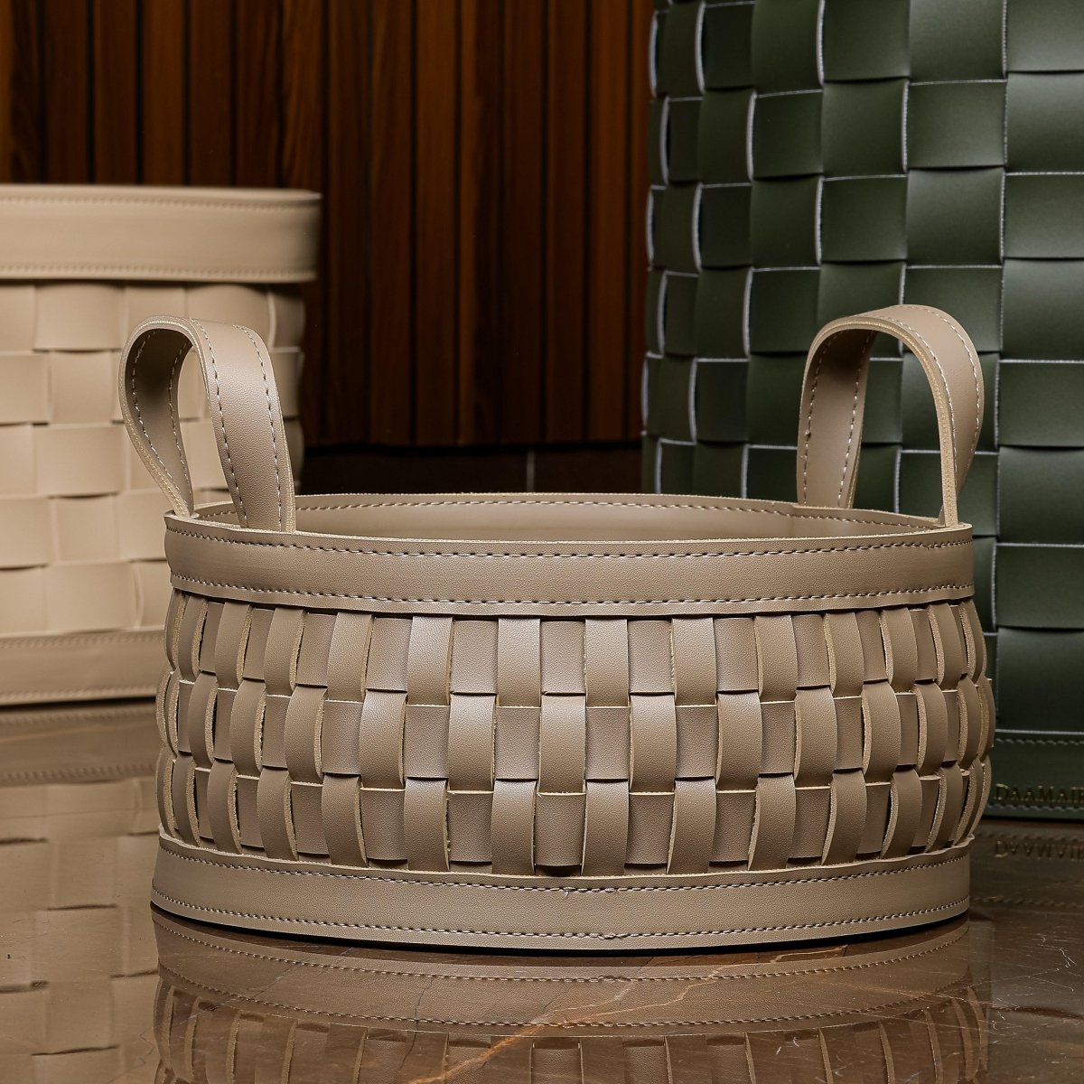 Wicker Storage Box Soiree Round Leather Basket - Daamaira Home and Living Ltd