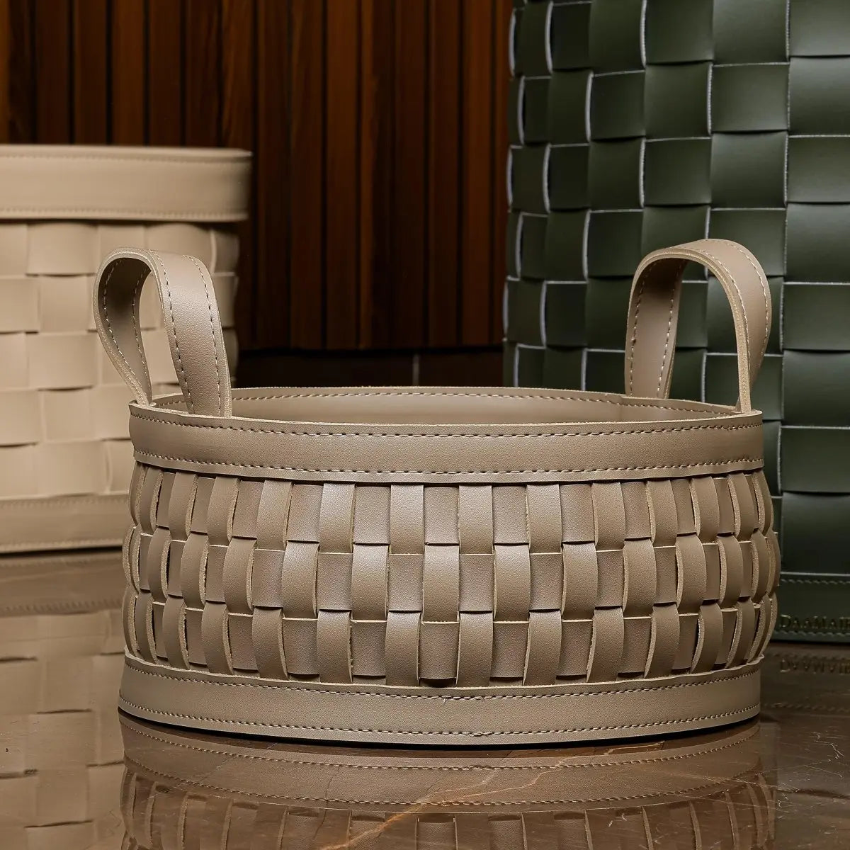 Wicker Storage Box Soiree Round Leather Basket - Daamaira Home and Living Ltd
