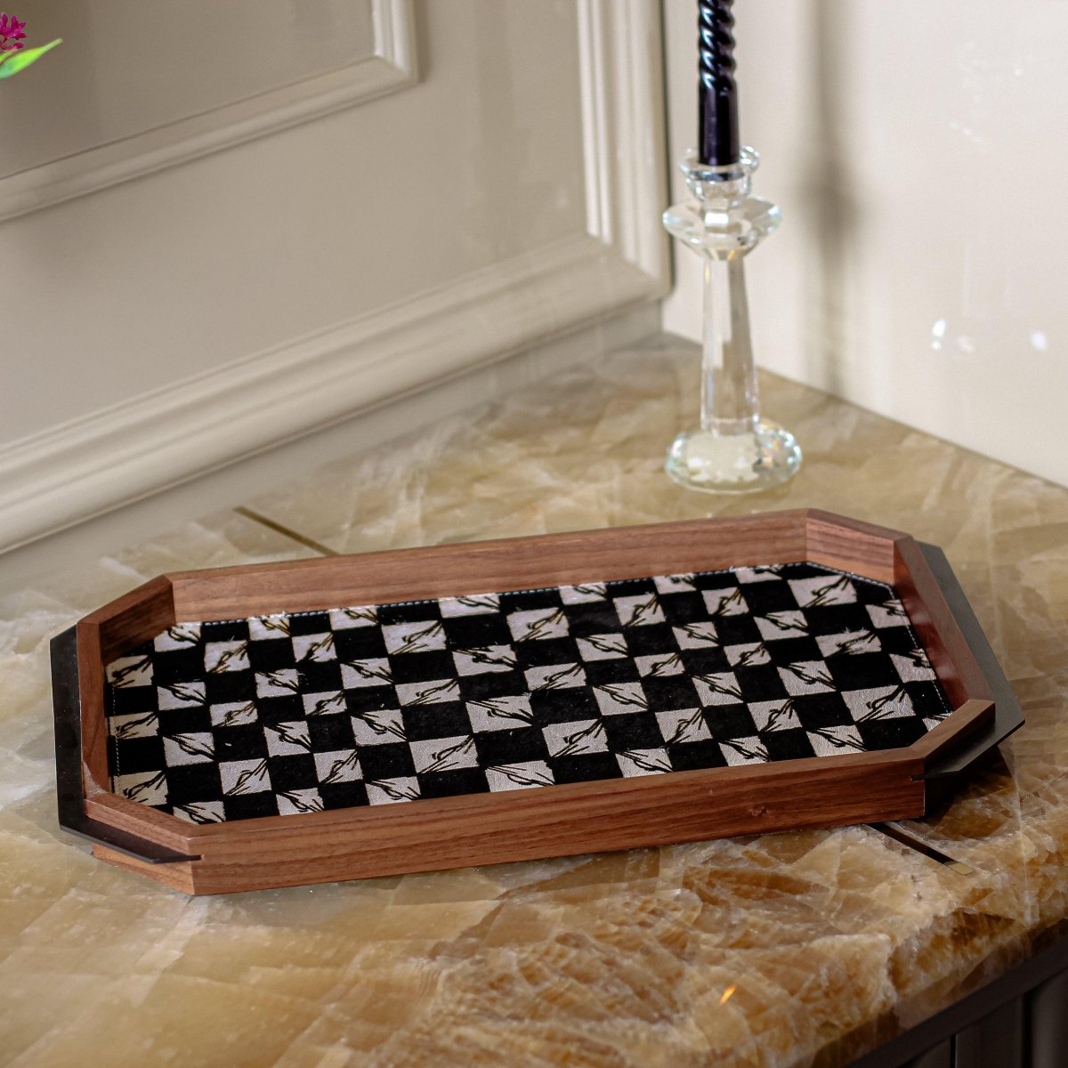 Serving Tray Black And White Checkered Tray - Daamaira Home and Living Ltd