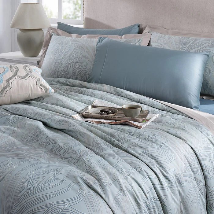 Classical Ornate Baroque Feathering 8pcs Duvet Cover Set Blue - Daamaira Home and Living Ltd