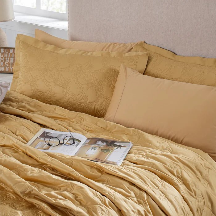 Classical Ornate Twirls & Swirls || 8 - Pcs Quilt/Qulited Bed Cover Set - Gold - Daamaira Home and Living Ltd