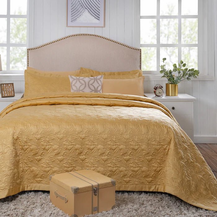 Classical Ornate Twirls & Swirls || 8 - Pcs Quilt/Qulited Bed Cover Set - Gold - Daamaira Home and Living Ltd