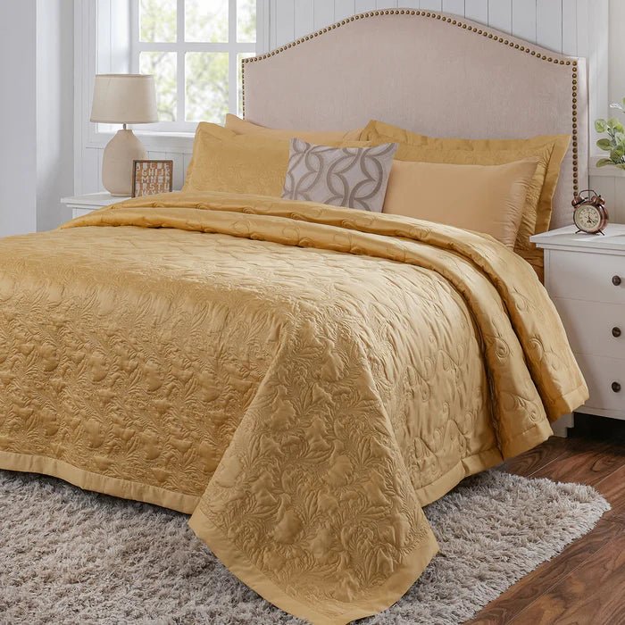 Classical Ornate Twirls & Swirls || 8 - Pcs Quilt/Qulited Bed Cover Set - Gold - Daamaira Home and Living Ltd
