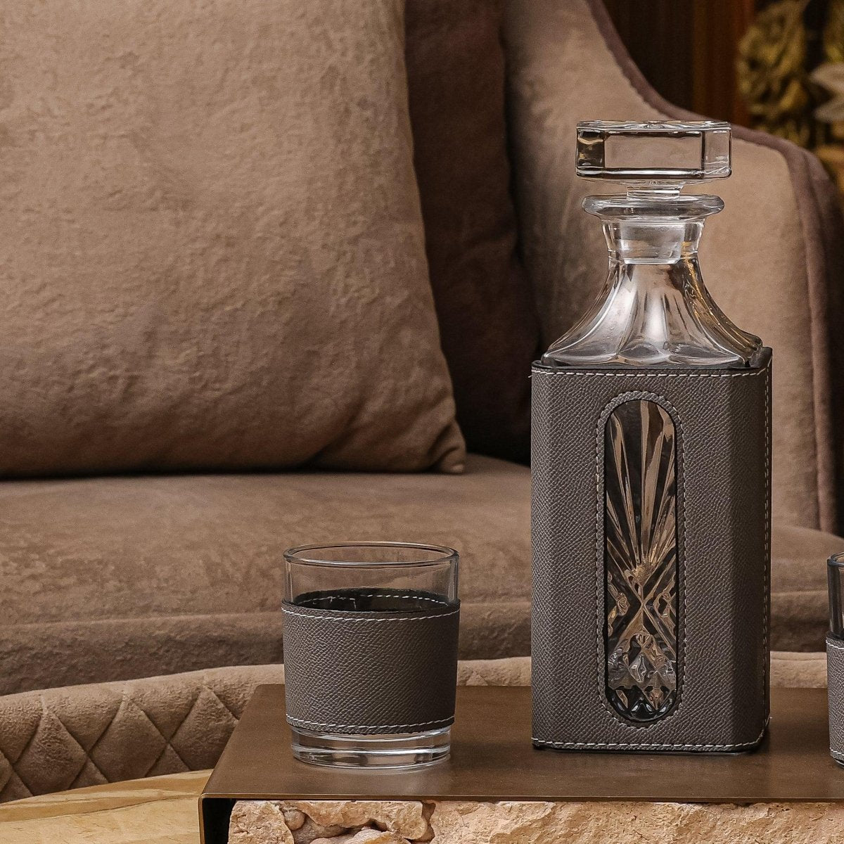 Decanter - Whiskey Leather Decanter Set - Grey - Daamaira Home and Living Ltd