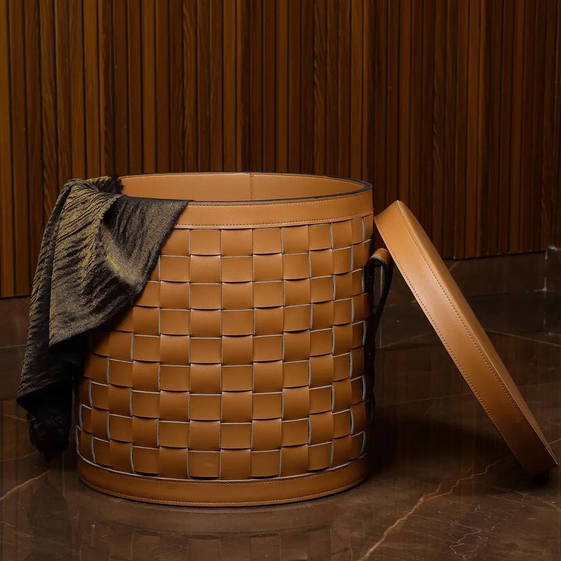 Leather Storage Basket With Lid — image 2
