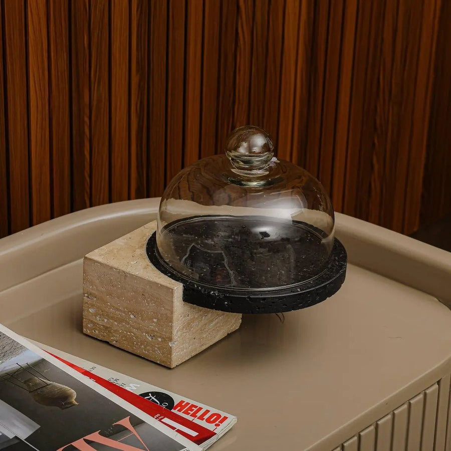 Marble-Cake And Dessert Stand With Lid - Beige & Black