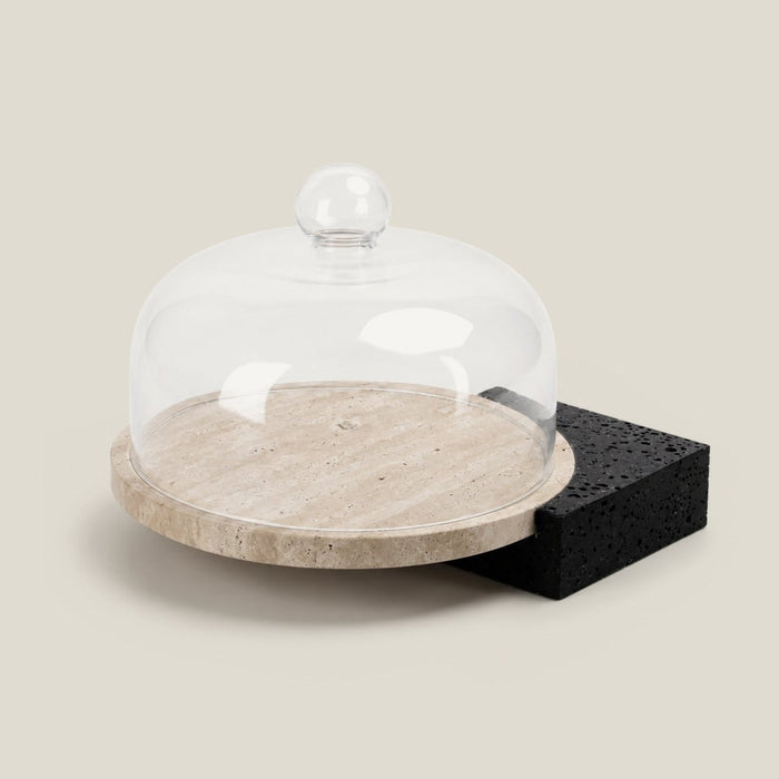 Marble-Cake And Dessert Stand With Lid - Black & Beige Large