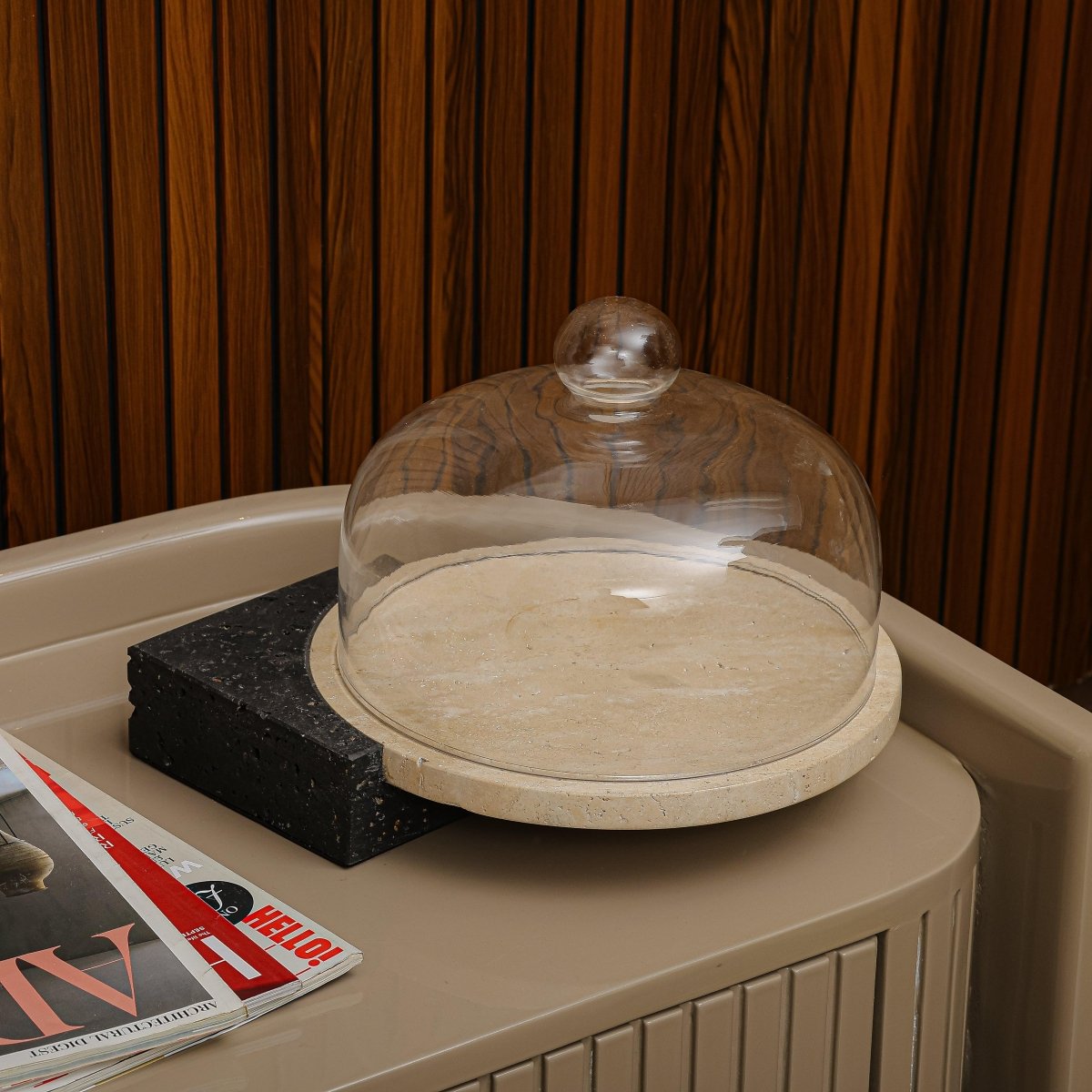 Serving Tray Marble - Cake And Dessert Stand With Lid - Black & Beige Large - Daamaira Home and Living Ltd