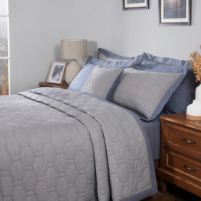 Pin Stripe Classic Blue Quilt Set 8 - Pc 100% Cotton Yarn Dyed Textured - Daamaira Home and Living Ltd