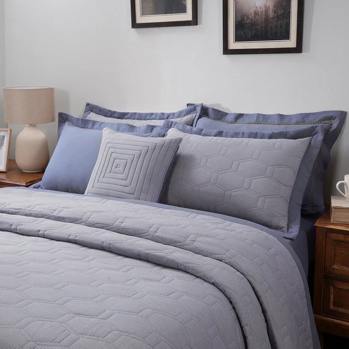 Pin Stripe Classic Blue Quilt Set 8 - Pc 100% Cotton Yarn Dyed Textured - Daamaira Home and Living Ltd