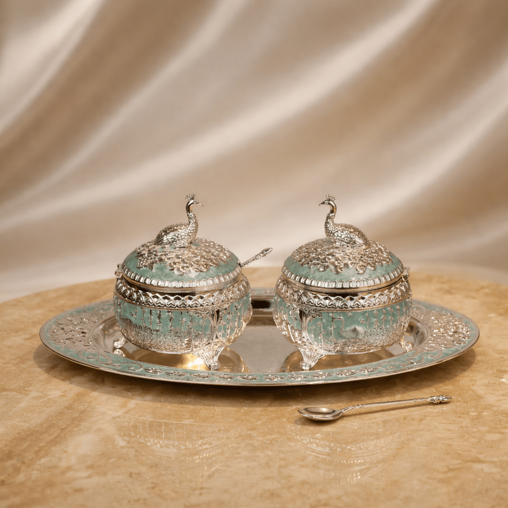 Royal Peacock Dry Fruit Bowl Set with Tray (11 x 12 cm) - Daamaira Home and Living Ltd
