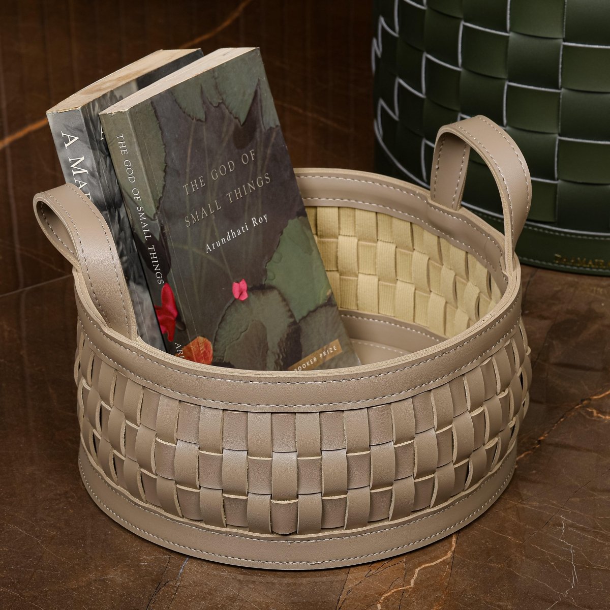 Wicker Storage Box Soiree Round Leather Basket - Daamaira Home and Living Ltd